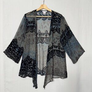 Ania.A Blue Black Burn Out Velvet Waterfall Open front Kimono Tunic Top X-Large